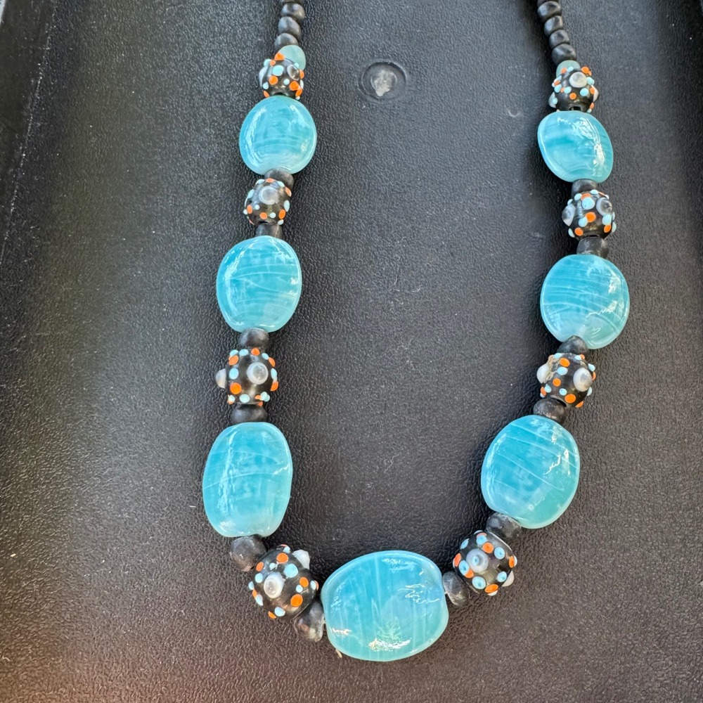 VTG 13" Beaded Necklace Blue Stone Statement Boho Chic Fashion Jewelry Lage‎